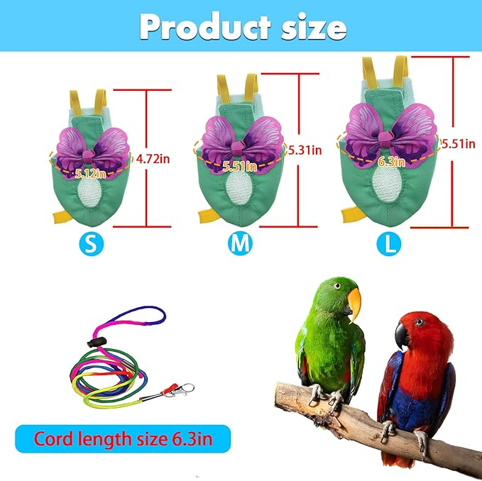 Bird Diapers Harness and Leash Parrot Diapers Parrot Flight Clothes Suit Bird Clothes Washable Bird Nappy Recovery Diapers for Small Medium Birds Parakeets Parrot Cockatoos Cockatiel Macaws-Large