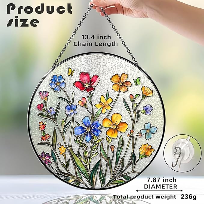 Colorful Flowers Stained Glass Suncatcher for Windows - Vibrant Sun Catchers Indoor Hanging Decor, Floral Gift for Women, Plant Lovers, Housewarming, Birthday, Mother's Day or New Home Celebration