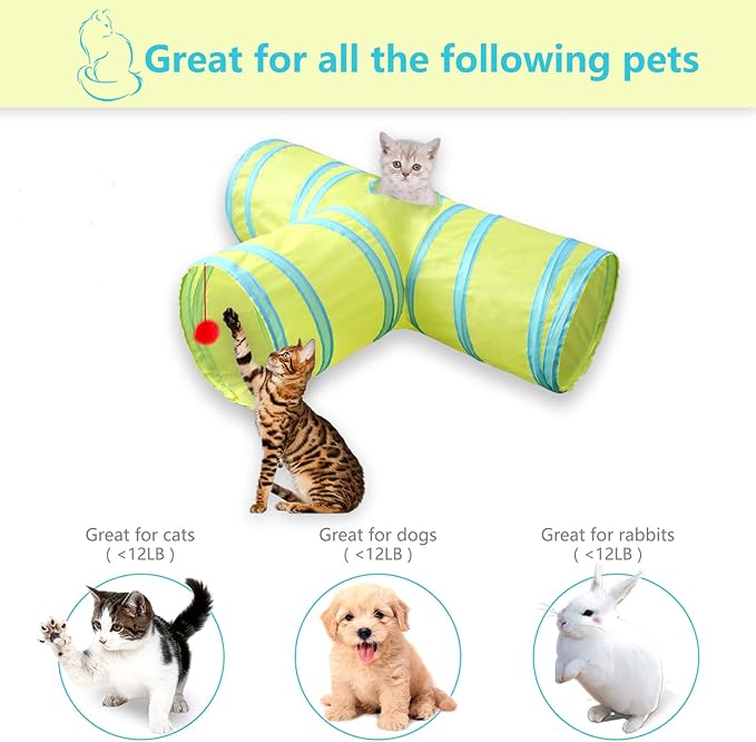 3 Way Cat Tunnel Collapsible Fun Pet Play Tube Toys for Cats, Kittens, Puppies & Rabbits - Portable Tunnel with Hanging Ball for Indoor Play, Hideout & Exercise
