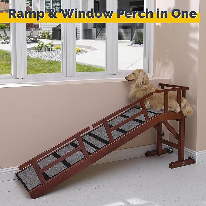 Dog Ramp for Bed or Couch, Wooden Pet Ramp with 20° Gentle Slope, Removable Side Rails, Non-Slip Surface, Top Platform & Wheels, Safe Bed Ramp for Small, Large & Senior Dogs, 60" Long, Mahogany