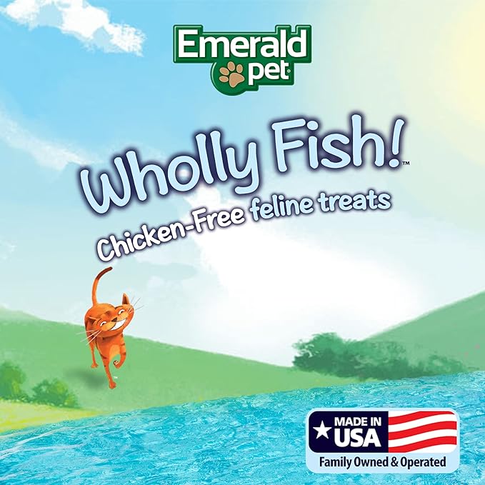 EMERALD PET Wholly Fish! Chicken-Free Feline Treats, Tuna Recipe — Tasty and Crunchy Tuna Cat Treats with Real Tuna — Chicken Free, Grain Free, Natural Cat Treats — Made in USA, 3 oz
