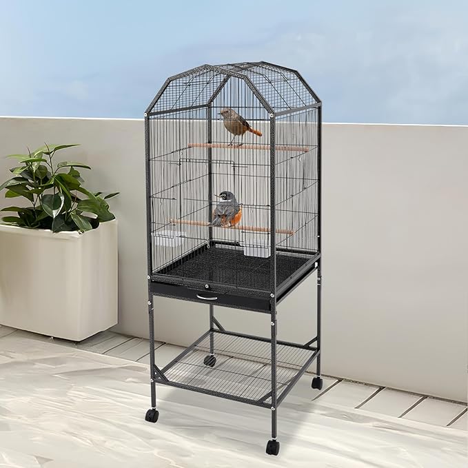 54 Inch 2-Tier Big Bird Cage with Food & Water Bowls Parakeet Bird Cage with Stand, Wheels Metal Birdcage Parrot Cage for Parakeet, Lovebirds, Ringneck, Cockatiels (Black, 2 Tier-Open Top)