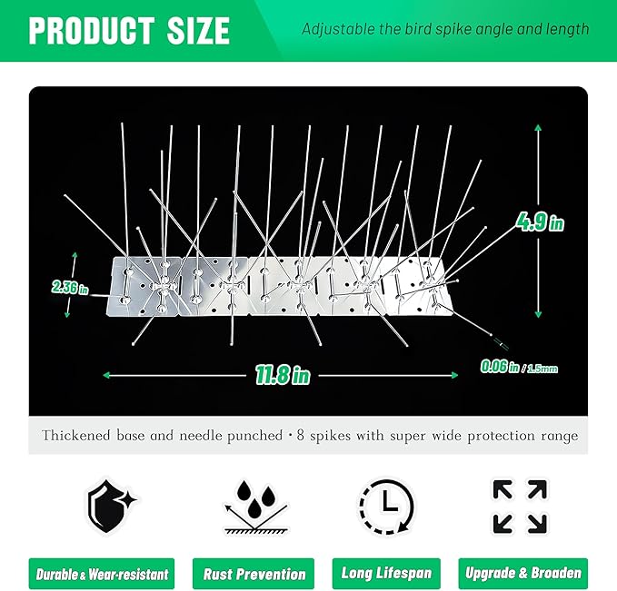 Bird Spikes Stainless Steel Bird Spikes Pigeon Spikes for Outside to Keep Birds Away with 7.9 Inch Wider Coverage 19.7 Feet Length Disassembled with Stainless Base for Small Bird Fence Roof Blacony