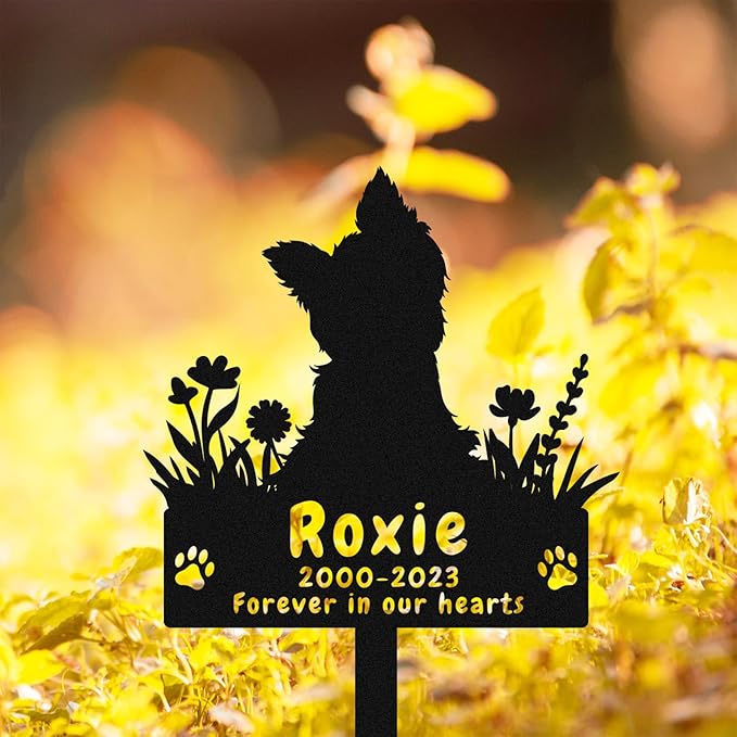 Personalized Yorkshire Terrier Dog Memorial Stake Grave Marker, Custom Dog Yorkshire Terrier Memorial Grave Marker Garden Stake, Metal Flowers Dog Memorial Yard Garden Sign with Stake