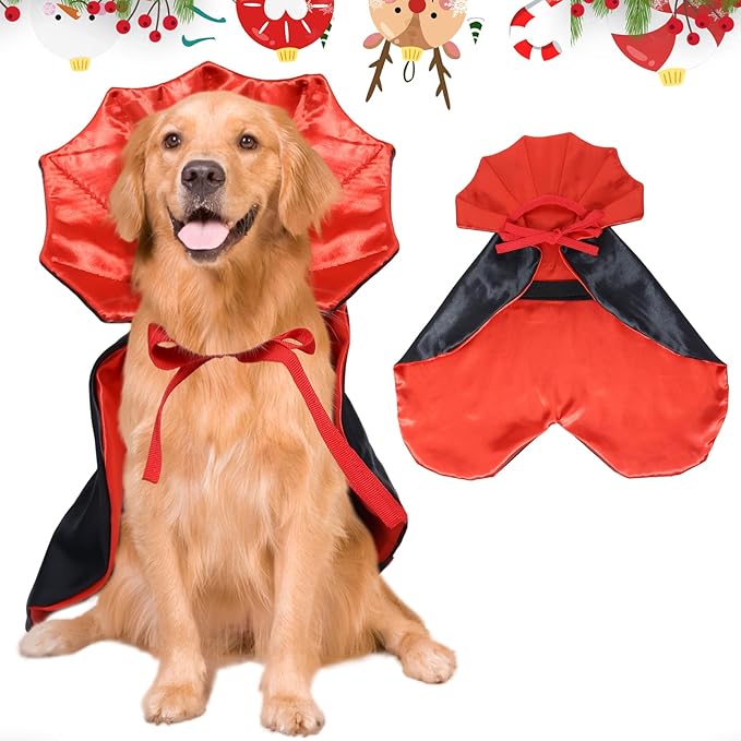 ROSAUI Halloween Pet Vampire Cape – 23.62″ Adjustable Red & Black Costume for Large Dogs (Golden Retriever, Labrador, German Shepherd) Spooky Cloak with Stand-Up Collar (L Size)