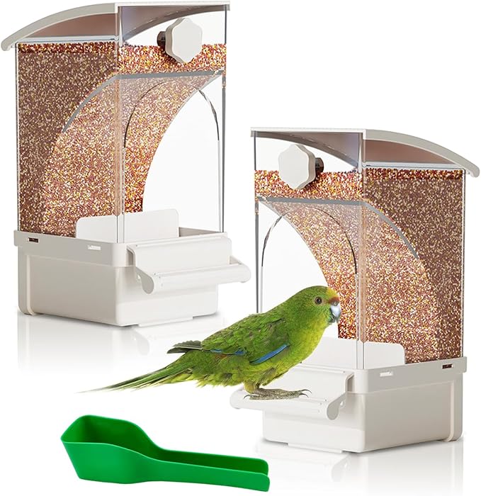 Hamiledyi 2Pcs Automatic Birds Feeder No Mess Bird Cage Feeder Transparent Acrylic Parrot Seed Food Container with Perch Bird Cage Accessories for Parakeet Finch Lovebirds Budgies Canary (White)
