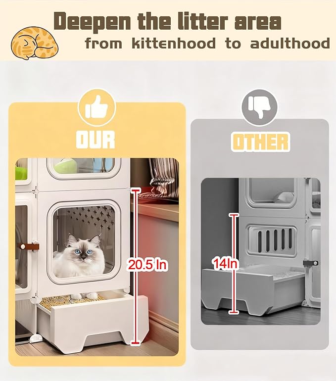 Cat Cage Cat Enclosure with Litter Box & Clear Sliding Door, Expandable Cat Playpen, Detachable Metal, Cat Cage Indoor and Outdoor, Ferret Cage, Rabbit Cage (Two Layers with Storage Space)