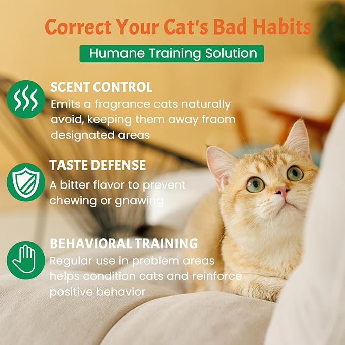 Cat Deterrent Spray, Safe Natural Cat Deterrent Outdoor, Cat Pee Deterrent Spray Indoor for Urine Marking Furniture, Humane Effective Training Aid Anti-Scratch for Cats and Kittens, 2PCS