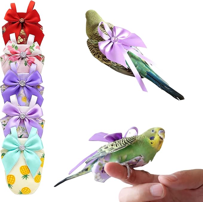 6pcs Bow Bird Diaper Set, Soft Reusable Flight Suit Clothing for Parrots Budgies Cockatiels — Cleaner Indoor Bonding & Training(L)