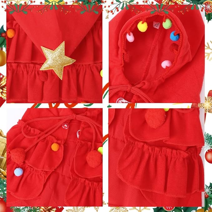 Cat Christmas Outfit Red Pet Cloak with Hat with Star and Pompoms Puppy Cape Clothes Xmas Tree Elf Costumes Party Pet Supplies Accessories for Small Dogs Cats Pet Santa Presents