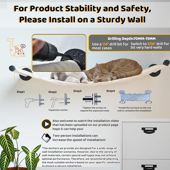 Cat Hammock Wall Mounted, 35.43 x 12.99 inch Wall Mounted Cat Shelves, Metal Brackets cat Beds for Sleeping, Playing, Climbing and Resting Stabilized Wall Furniture for Large Cats or Kitty