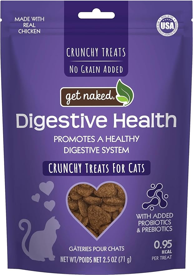 Get Naked Digestive Health Crunchy Cat Treats 2.5oz - Chicken Flavor, Grain-Free Cat Probiotics for Indoor Cats, Supports Healthy Digestion, Dental Health & Immunity, Made in The USA