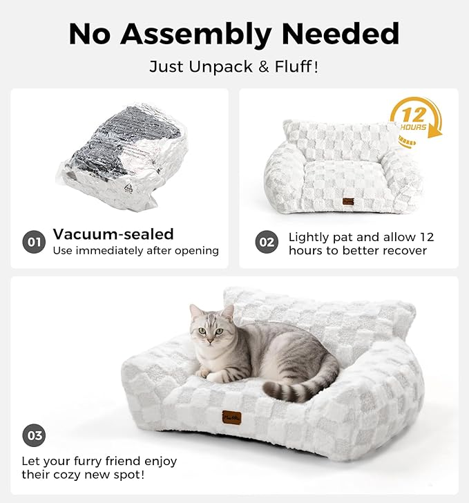 Made4Pets Cat Beds for Indoor Cats, Cat Couch Bed, Soft Faux Fur Checkered Pet Sofa, Calming Fluffy Kitten Sofa with Supportive Foam, Removable Washable Cover with Non-Slip Base, Sky Blue, Small