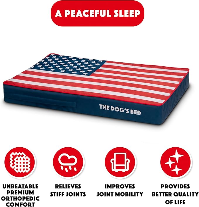 The Dog’s Bed Orthopedic Memory Foam Dog Bed Mattress, Oxford Fabric, Blue & Red Trim USA Center Flag, Medium, 4-Inch