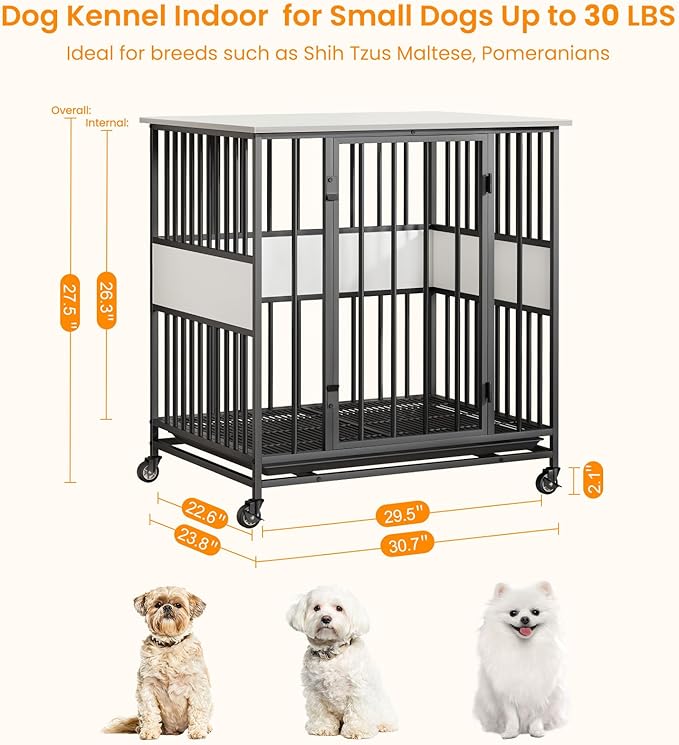 Dog Crate Furniture for Small Dogs, 31 Inch Indoor Puppy Kennel, Wooden Pet Cage Decorative Corner End Table with Caster Wheels & Removable Tray, White