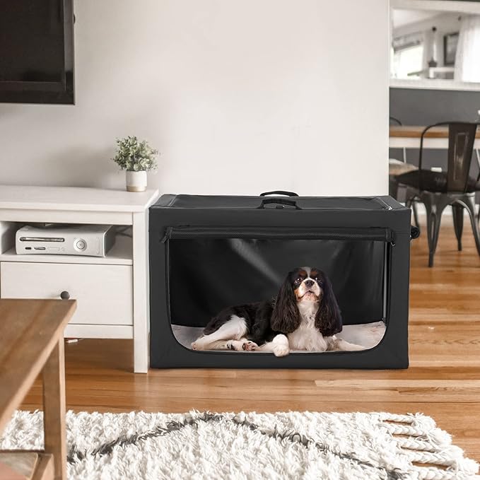 PETSFIT Portable Dog Crate for Medium Dogs, – 30" Soft Dog Travel Crates with Lockable Zippers & Thicken Mat, Adjustable Patented Spiral Steel Frame, Collapsible Kennel for Indoor & Outdoor
