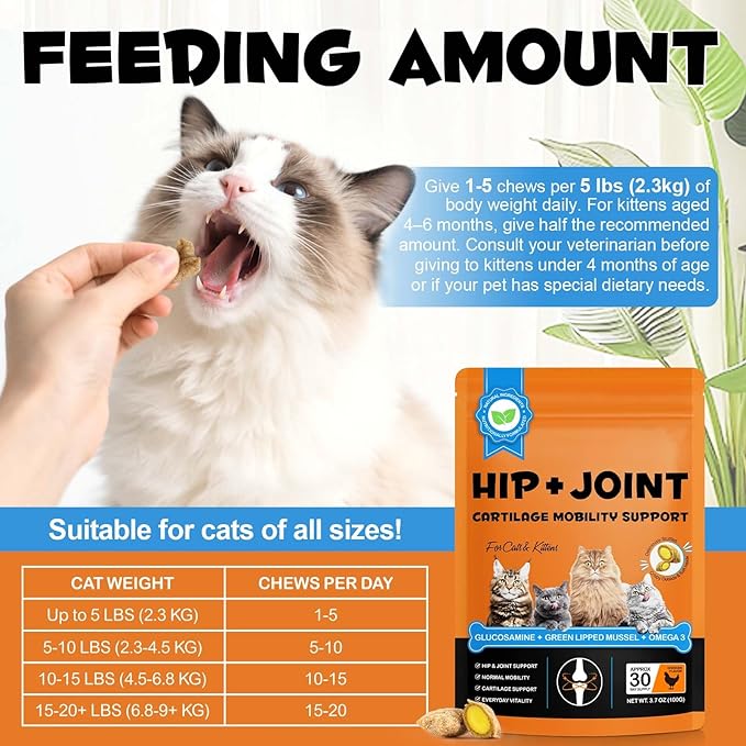 Hip & Joint Bites for Cats - Chicken Flavored Glucosamine Joint Supplement for Cats - Cat Joint Supplement for HIPS & Joints, Cat Arthritis Pain Relief, with Green Lipped Mussel, 7.4 oz