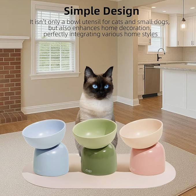 Elevated Ceramic Cat Food Bowl - 5.5" Wide Dish for Whikser Friendly, 6.6" Height for Easy Feeding, Lead & Cadmium Free, Durable Raised Cat Food Bowls, Green