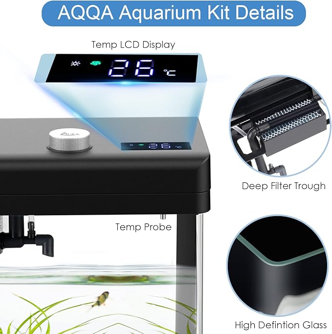 AQQA 1.5 Gallon Aquarium Kits Desktop Small Fish Tank with Filter and Light (8 Colors Adjustable) Freshwater & Saltwater Betta Fish Tank Kit Office & Home Decor (Black)