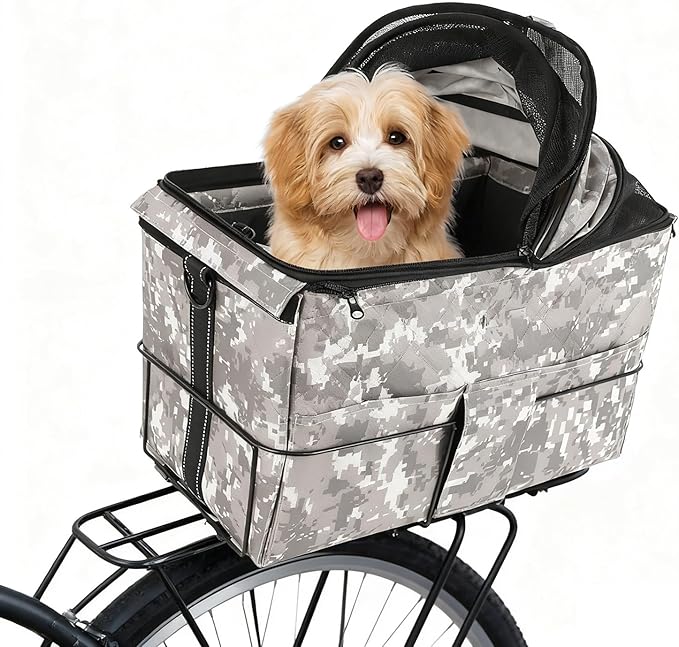 Rear-Mounted Dog Carrier for Bikes — Dog Bike Booster Seat with Breathable Mesh, Padded Interior & Safety Harness, Foldable Pet Bike Seat for Small/Medium Dogs, Waterproof Cover Option
