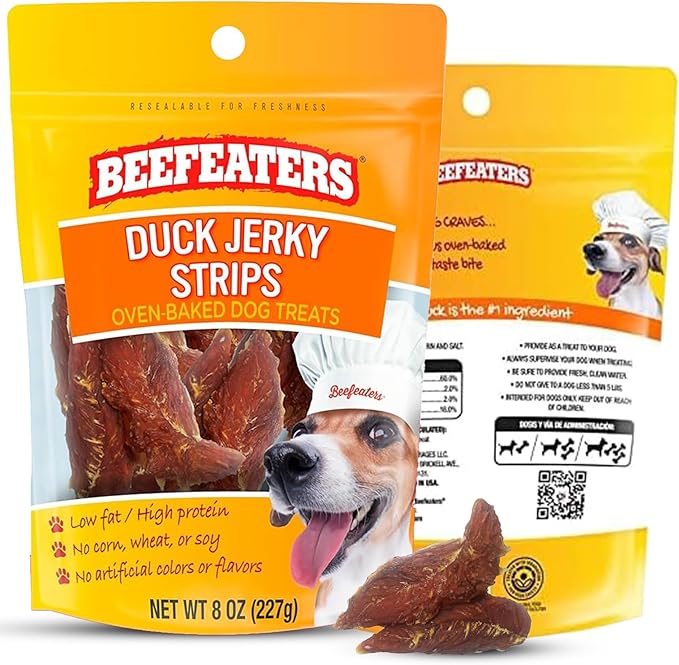 Beefeaters Duck Jerky Strips for Dogs 8oz, Oven-Baked High Protein Dog Treats Duck Jerky - Low Fat Grain-Free Dog Snacks - No Corn Wheat or Soy - Chewy Dog Jerky Treats for Training and Rewards