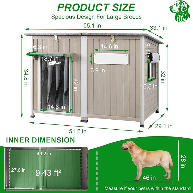 Big Dog House Outdoor Dog Houses for Large Dogs Outside with Adjustable Vent Window, Removable Floor, Easy Assembly for Medium to Large Dogs(55" L x 29" W x 35" H)