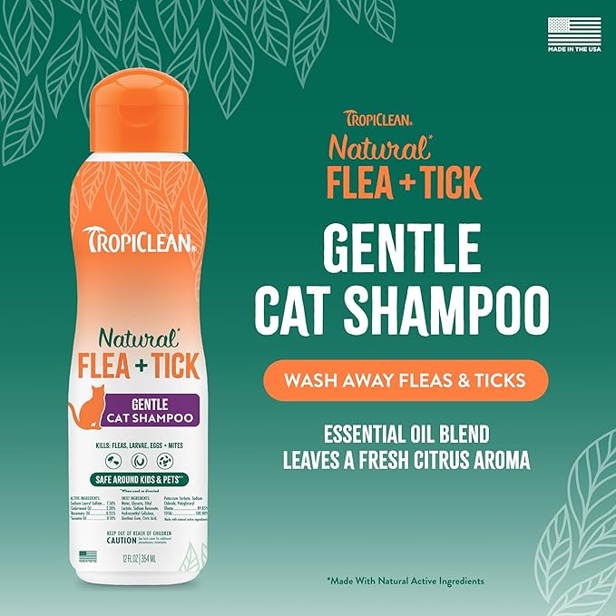 TropiClean Gentle Flea Shampoo for Cats, Flea and Tick Prevention for Cats, Powerful & Natural Defense, Made in USA, 12 oz.