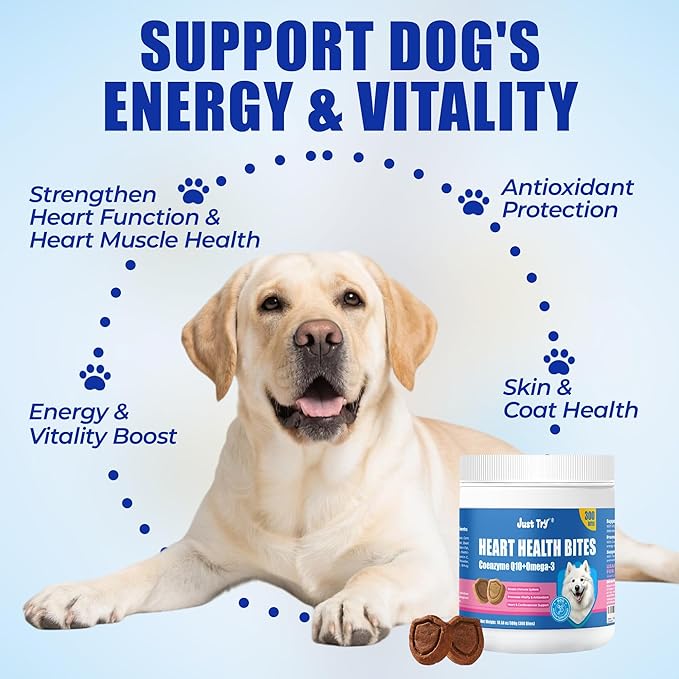 Just Try Coenzyme Q10 Heart Healthy Bites for Dogs, Advanced CoQ10 and Taurine Supplement, Chicken Flavored Soft Chews, Supports Heart Function, 300 Count