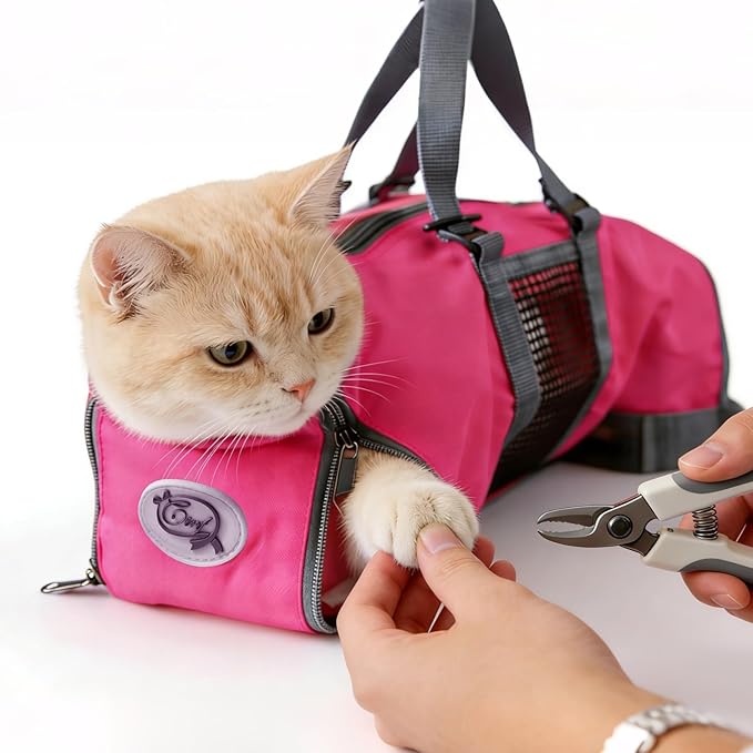 Cinf Cat Nail Clipping Cleaning Grooming Restraint Bag No Scratching Biting for Bathing Nail Trimming Injecting Examining(Rose Red,M)
