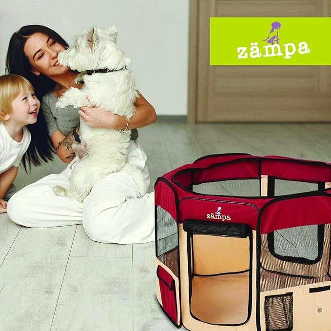 Zampa Puppy Pop Up Portable Playpen for Dog and Cat, Foldable | Indoor/Outdoor Kitten Pen & Travel Pet Carrier + Carrying Case (Red, Small (36"x36"x24"))
