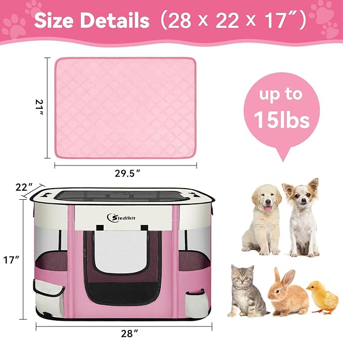 Dog Playpen,Cat Pet Puppy Pen,Portable Playpens for Dogs Indoor Outdoor Travel Camping Use,Foldable Dog Kennel Tent Crate for Rabbit Small Animals with Carrying Case (Pink with Pad, Small)