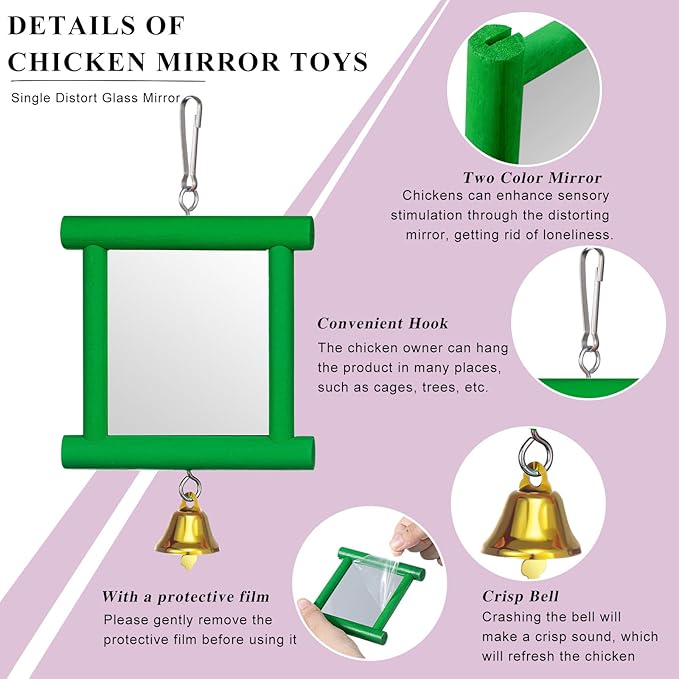 Sumind 2 Pieces Chicken Mirror Toys Hanging Swing Mirror with Bell Wooden Pecking Toy and 4 Pieces Beak Grinding Molar Stones for Hens Birds Parrots(Green,Orange)