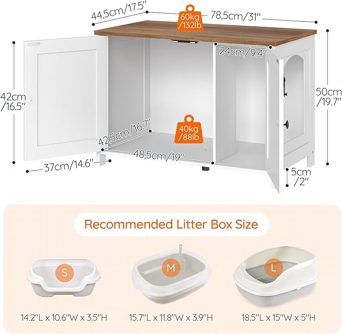 HOOBRO Litter Box Enclosure, Cat Litter Box Furniture with Removable Divider, Hidden Litter Box Furniture, Wooden Cat House, End Side Table, 31" L x 17.5" W x 19.7" H, White and Walnut WH03MW01G2