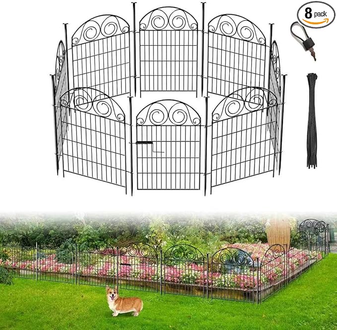 Tall Garden Fence Animal Barrier with Gate, 40 in(H) 8 Panels Garden Fences and Borders for Dogs, Dog Fence Outdoor for Yard, Total Length 17.5 Ft Metal Temporary Fencing│Patented