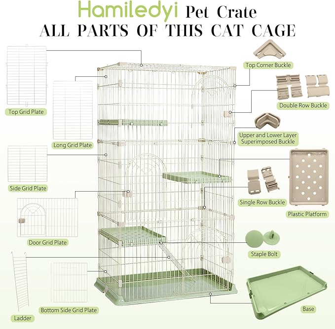 Hamiledyi 4-Tier Cat Cage Indoor Large Cat Enclosure with 1 Ramp Ladders 3 Platforms 3 Doors Metal Cat Playpen Outdoor Kitten Cage for 1-3 Small and Medium Pets (Green)