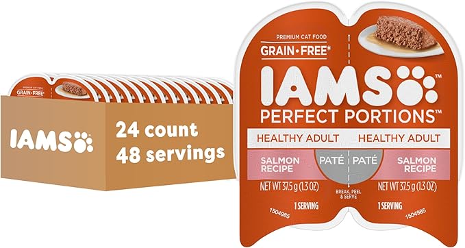 IAMS Perfect Portions Sensitive Digestion & Skin Wet Cat Food Pate, Adult Grain Free Pate, Turkey Recipes, (24) 2.6 oz. Twin-Pack Trays