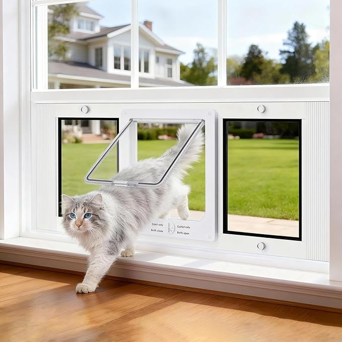 Aluminum Frame Cat Door for Window with Magnetic Auto Closure, Adjustable Width Quick-Fit Pet Door for Window Insert, Suitable for Most Medium Cats & Small Dogs (27''-32'')