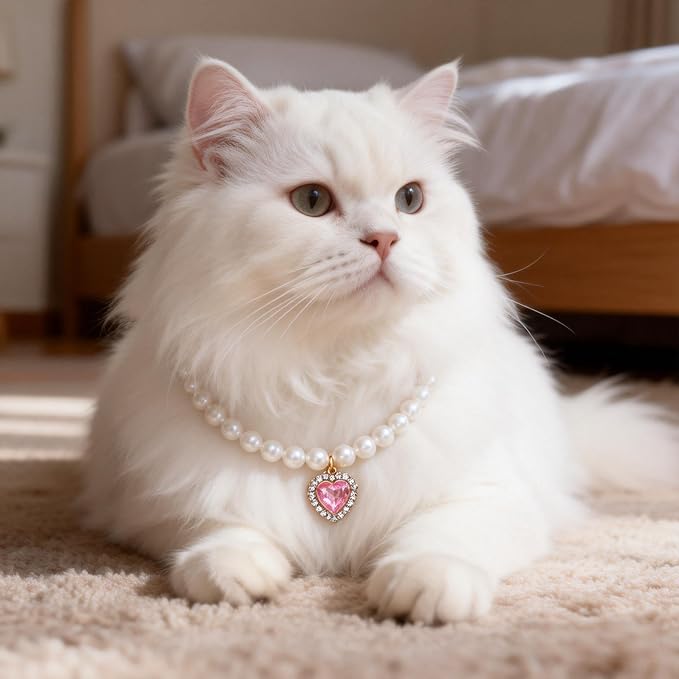 Cat Dog Sparkle Jewelry Pearl Collar Puppy Kitten Rhinestone Pendant Adjustable Charm Necklace for Small Pets Wedding Photography 2 Pack (Pink and Royal Blue)