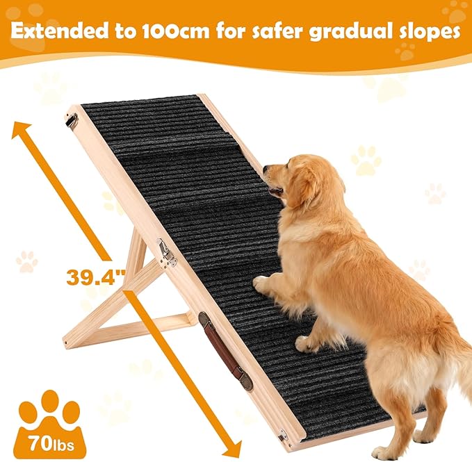 39" Long Dog Ramp for Bed, Couch & Car - 5 Level Adjustable Height (10.4" to 24.4"), Foldable Portable Wooden Pet Ramp with Non-Slip Surface, for Small & Old Dogs Up to 70 LBS
