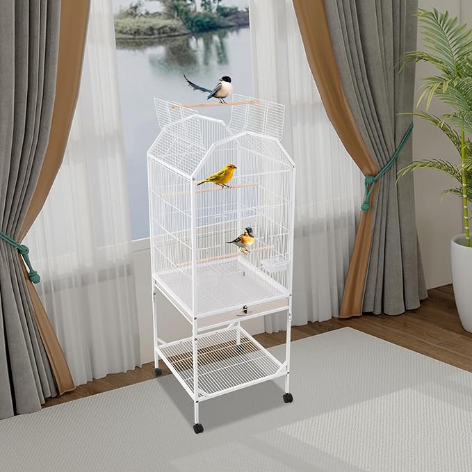 Bird Cage, Open Top and Rolling Stand Medium Small Bird Cage, Bird Cages with Universal Wheels for Parrots, Budgerigars, Parakeets, Cockatiels, Lovebirds, 18 x 18 x 53.9 Inch (White)