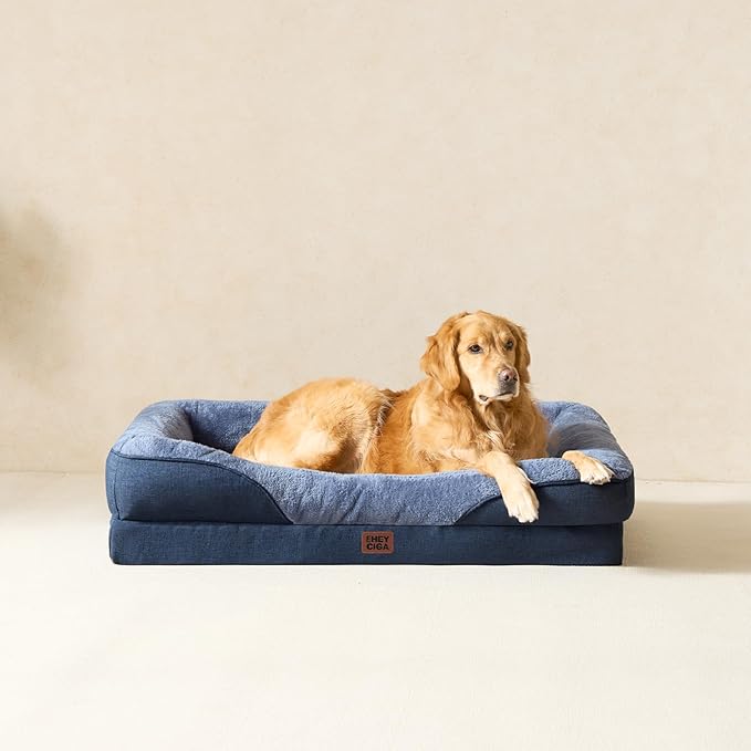 EHEYCIGA Orthopedic XL Dog Bed for Large Sized Dog, 48x35x7.5 Inch Extra Large Memory Foam Dog Couch Bed with Sides, Waterproof Liner & Washable Removable Cover, Bolster Pet Sofa, Navy