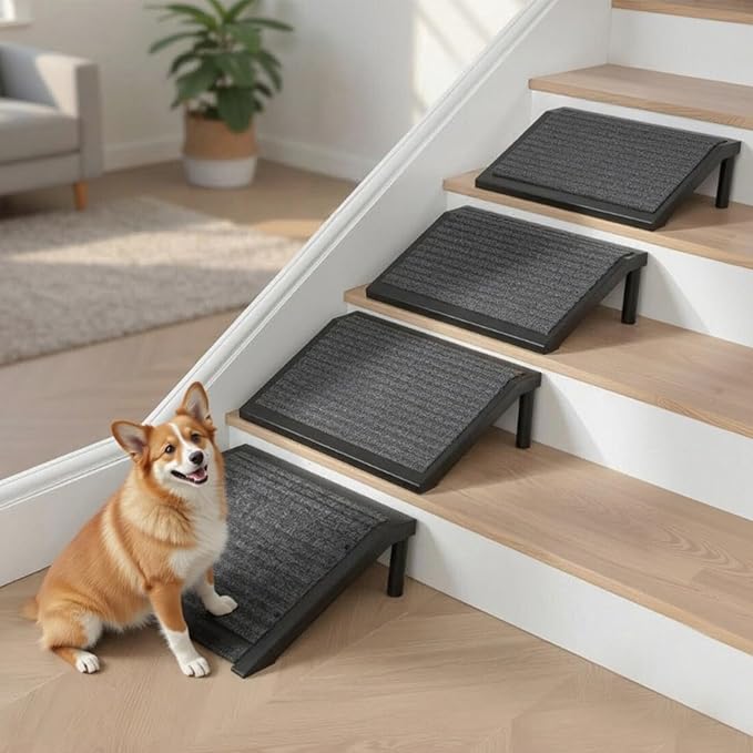 Dog Ramp for Stairs – Non-Slip Pet Steps with Locked-in Carpet & Iron Frame, Helps Senior Dogs & Small Breeds Climb Safely (4-Pack)