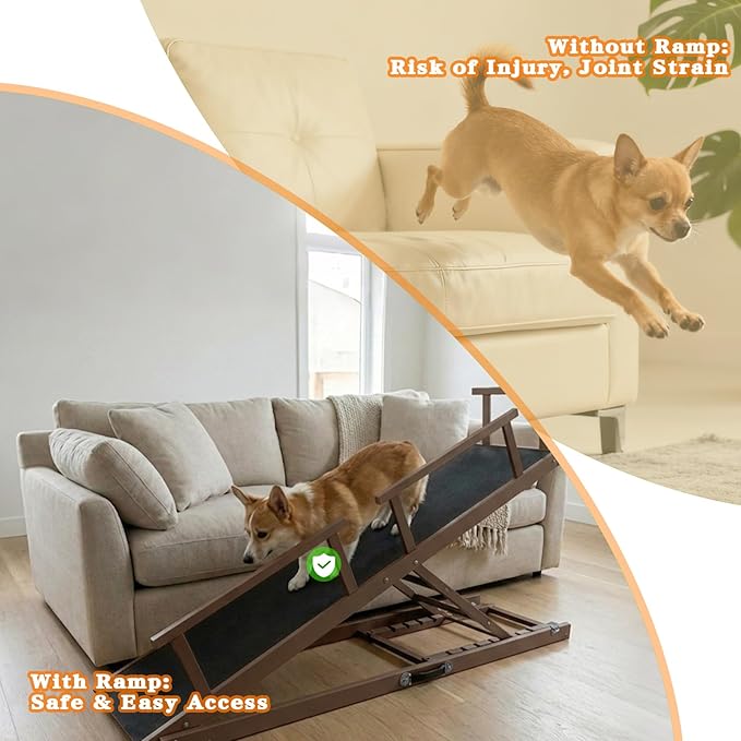 7 Adjustable Dog Ramp for Bed, Couch - 63" Foldable Birchwood Dog Ramp with Safety Rails, Non-Slip EVA Surface & DIY Glow in The Dark Strips, Wooden Pet Ramp for Large Dogs Supports 250Lbs