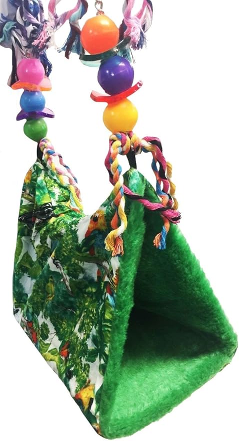 Parrot Printed Happy Hut Pet Cozzy Cage Snuggle Tent Bunk Hammock Bird Toy Toys Craft Cages Cockatiel Budgie Lovebird (Small, Green Print)