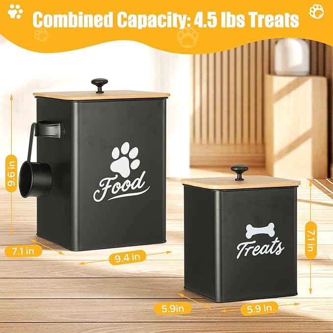 Dog Treat Container Set of 2, Dog Food Storage Containers with Airtight Lids, Metal dog treat jars for Kitchen Countertop, Pet Cookie Canister to Keep Treats Fresh, 9.4''×7.1''×9.6", Black