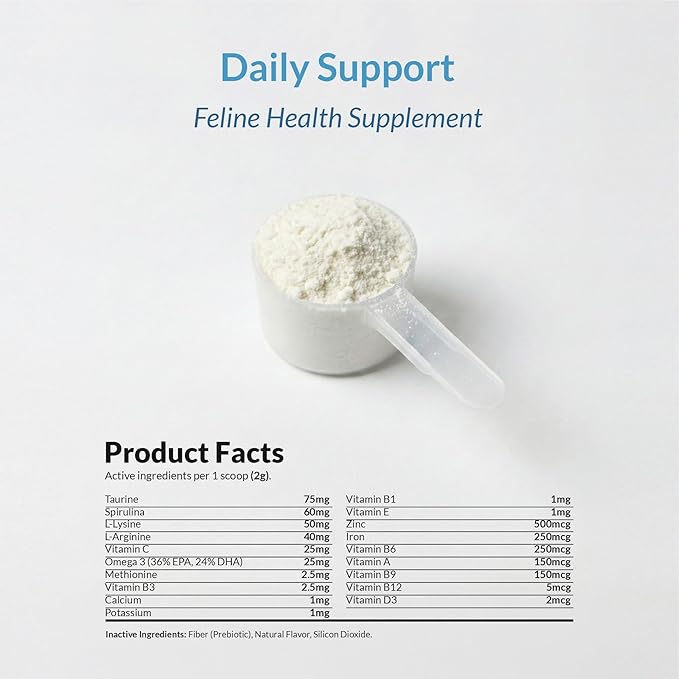 Daily Support Multivitamin for Cats - 4oz Powder - L-Lysine, Taurine, and Spirulina for Immune Support and Eye Health - Fish Oil & Vitamins for Skin and Heart Health. (for Cats)