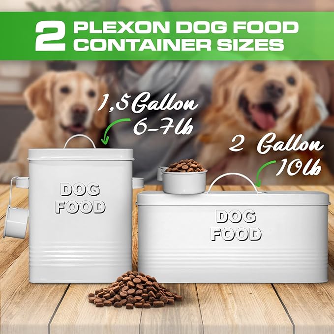 Plexon Metal Dog Food Storage Container with Scoop - Small Dog Food Container Holder Treat Jar Bin with Lid - Pet Chow Storage Canister Tin,1.5 Gallon, 7 lbs, White