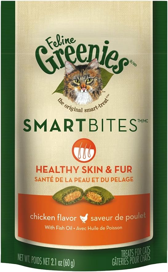 Greenies Cat Treats, Feline Smartbites, Skin & Fur Health, Crunchy and Soft Cat Treats, Chicken Flavor, 2.1 oz. Pack