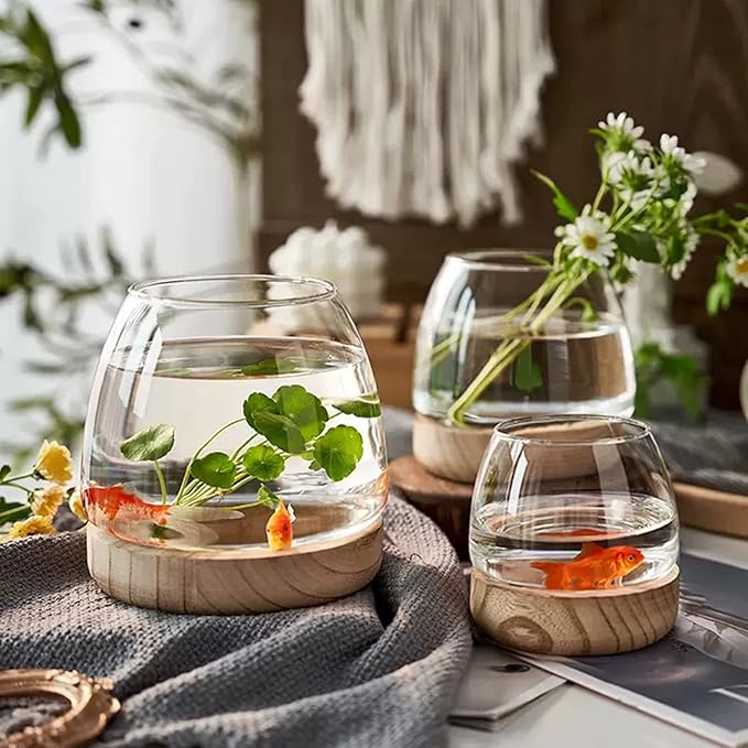 Fofetbfo Glass Hydroponic Plant Terrarium Unique Fish Bowl Aquarium with Wood Base Clear Glass Fish Tank Bowl for Plant and Betta Fish