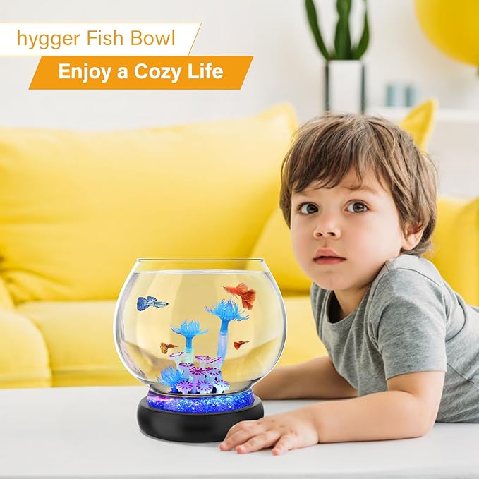 hygger 0.5 Gallon/1 Gallon Glass Fish Bowl with LED Light and Decor, Small Round Betta Fish Tank Goldfish Bowl, Round Clear Unbreakable Aquarium/Vase/Hydroponic Plant Terrarium, Nice Centerpieces